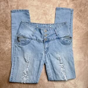 Silver Diva Light Wash High Rise Rhinestone Floral Button Denim Pants Skinny Y2K